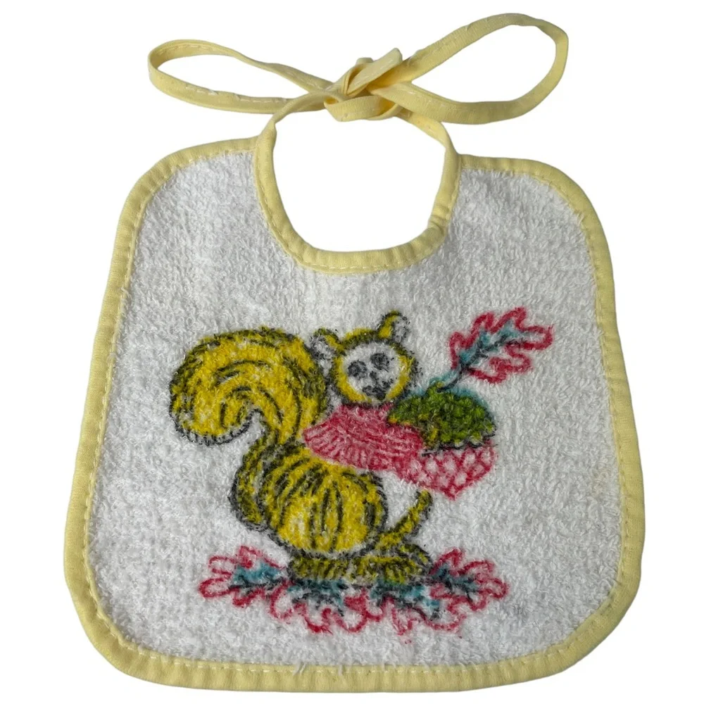 Vintage Squirrel Acorn Oak Leaf Tie-up Baby Bib Infant Nature Red Yellow Photos